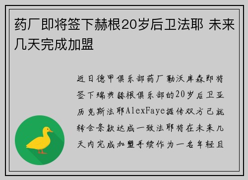 药厂即将签下赫根20岁后卫法耶 未来几天完成加盟