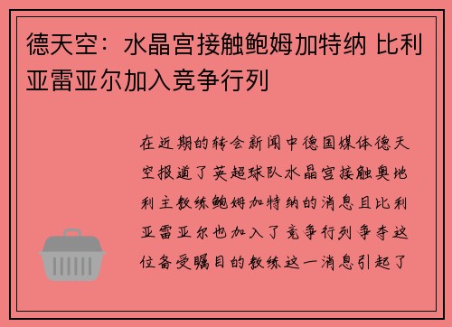 德天空：水晶宫接触鲍姆加特纳 比利亚雷亚尔加入竞争行列