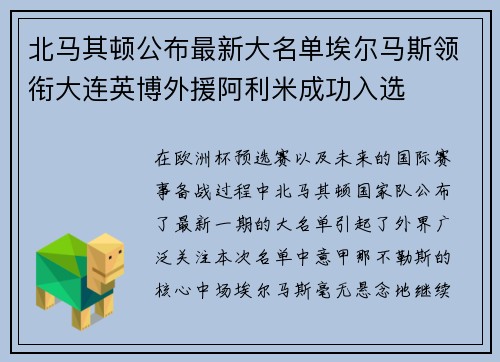 北马其顿公布最新大名单埃尔马斯领衔大连英博外援阿利米成功入选