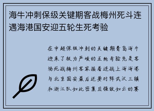 海牛冲刺保级关键期客战梅州死斗连遇海港国安迎五轮生死考验